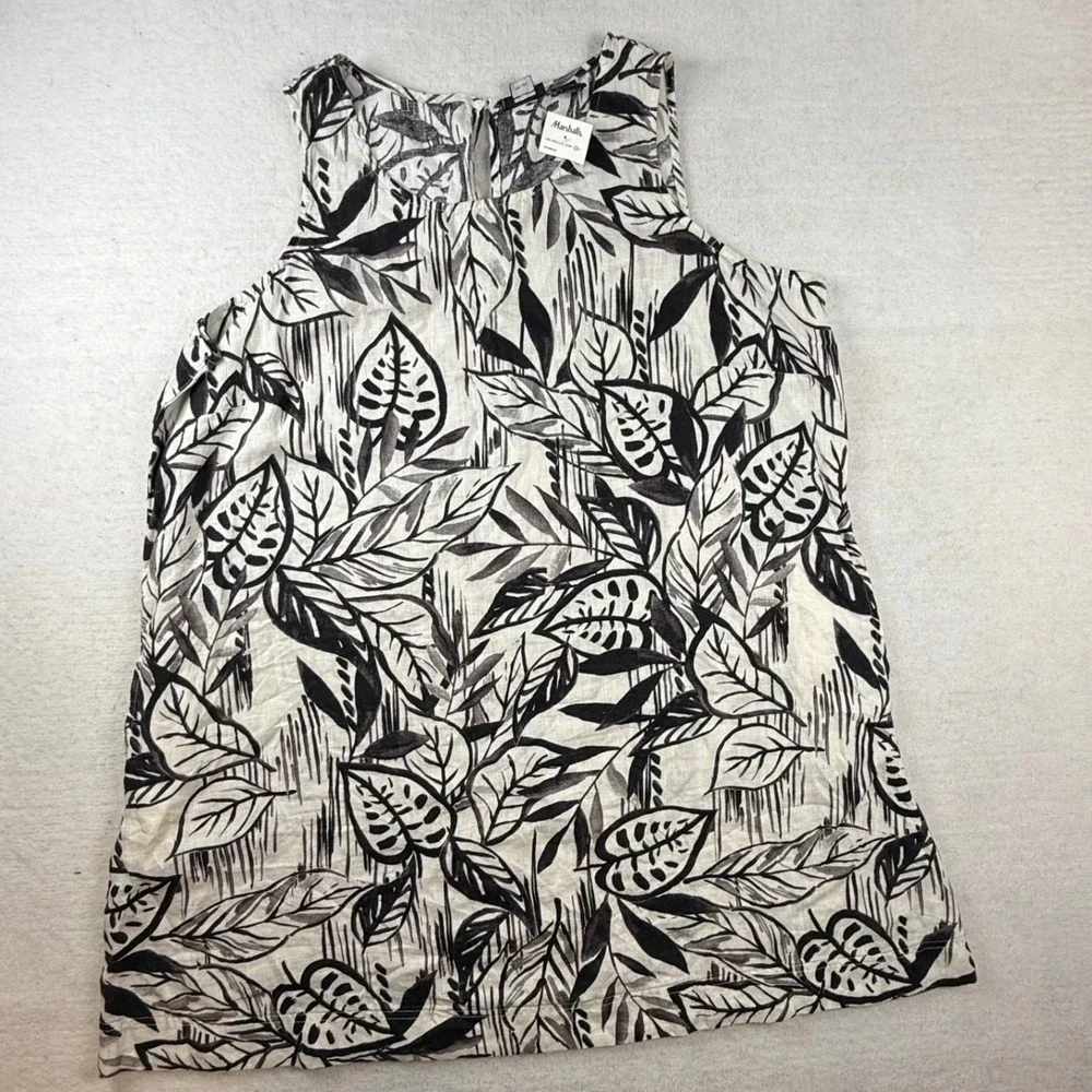 Tahari Womens 2X Black White Tropical Leaf Print 100% Linen Sleeveless Dress - Picture 2 of 8